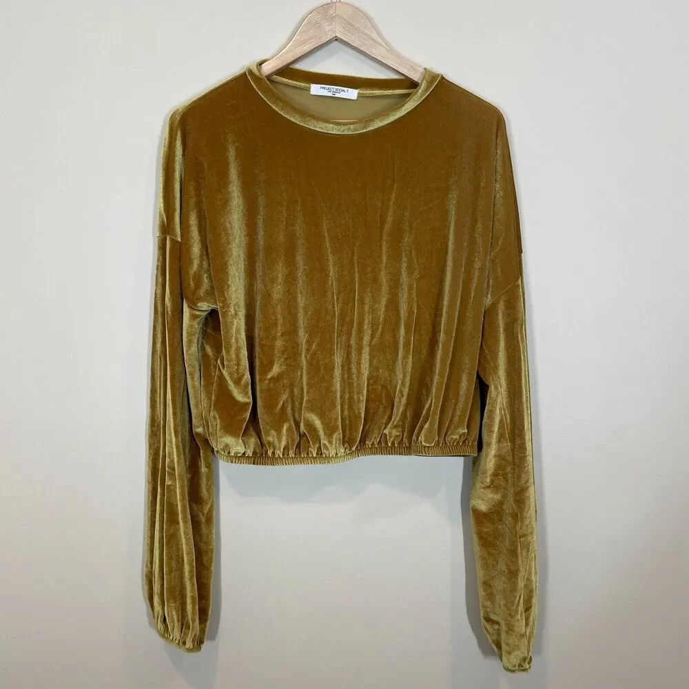 Project Social T Yellow Gold Velvet Long Sleeve Top Elastic Hem Round Neck SZ L‎